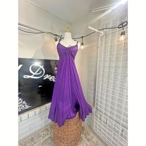 Purple Embroidered Maxi Dress Tie Front Spaghetti Strap Bohemian Festival‎ Small